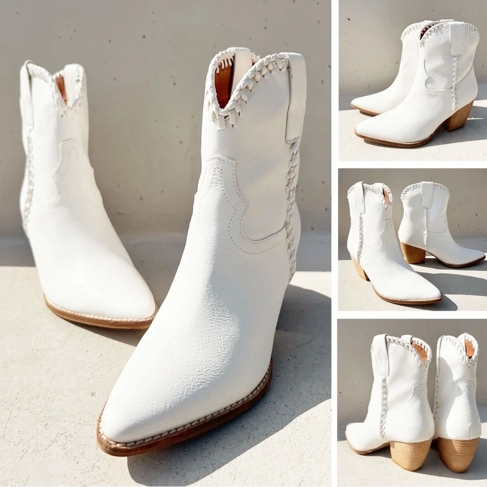 NEW Western Cowboy Whipstitched Ankle Boots
Pointy Toe Block Heel Distress White - Picture 8 of 16
